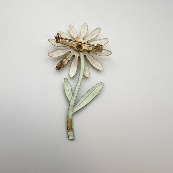 Vintage Flower Power 60s Metal Flower Daisy Brooch Pin Green White - Picture 6 of 8